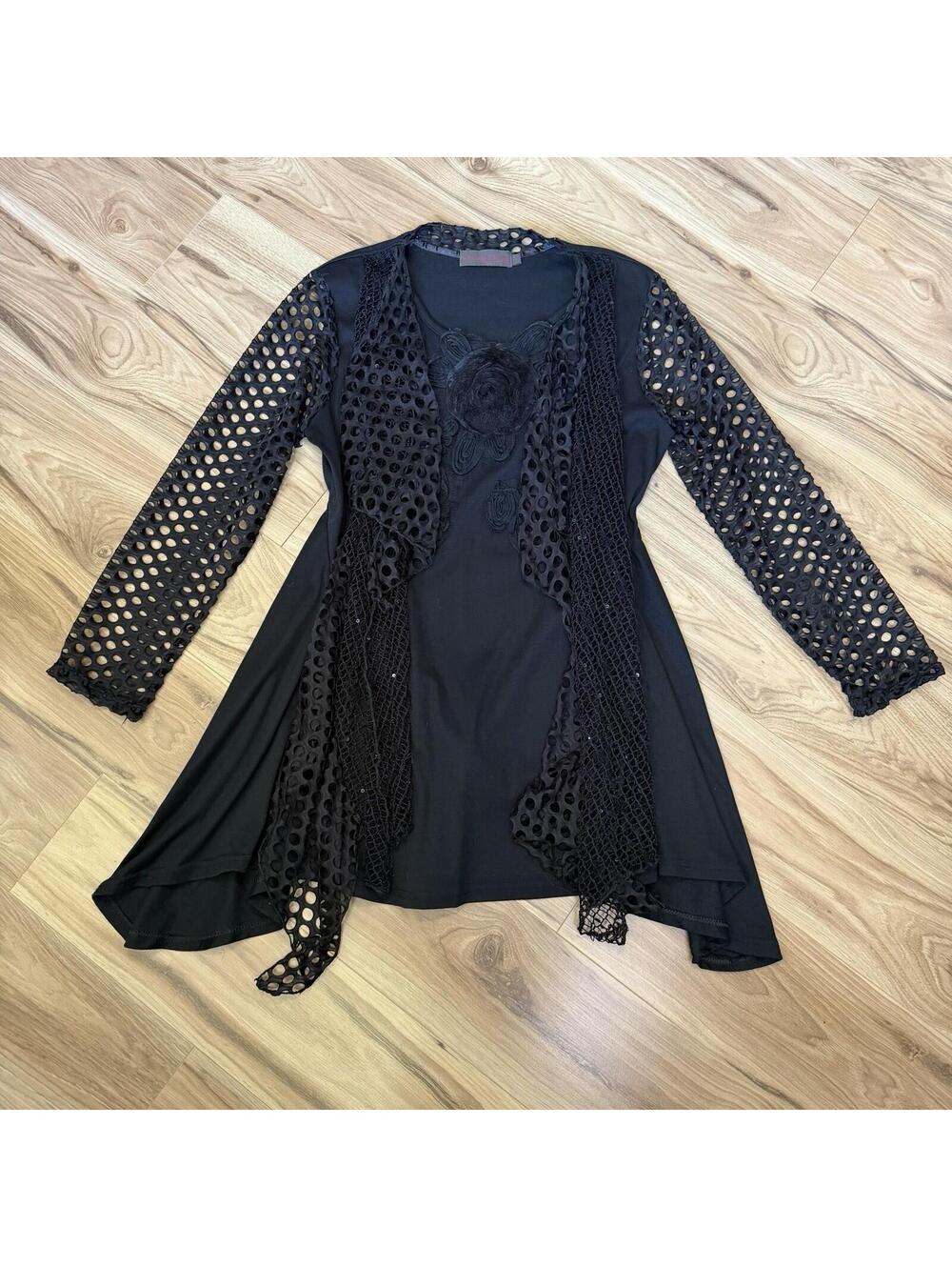 Pretty Angel Black Silk Blend Tunic L Cutout Mesh Sleeve Applique Whimsigoth